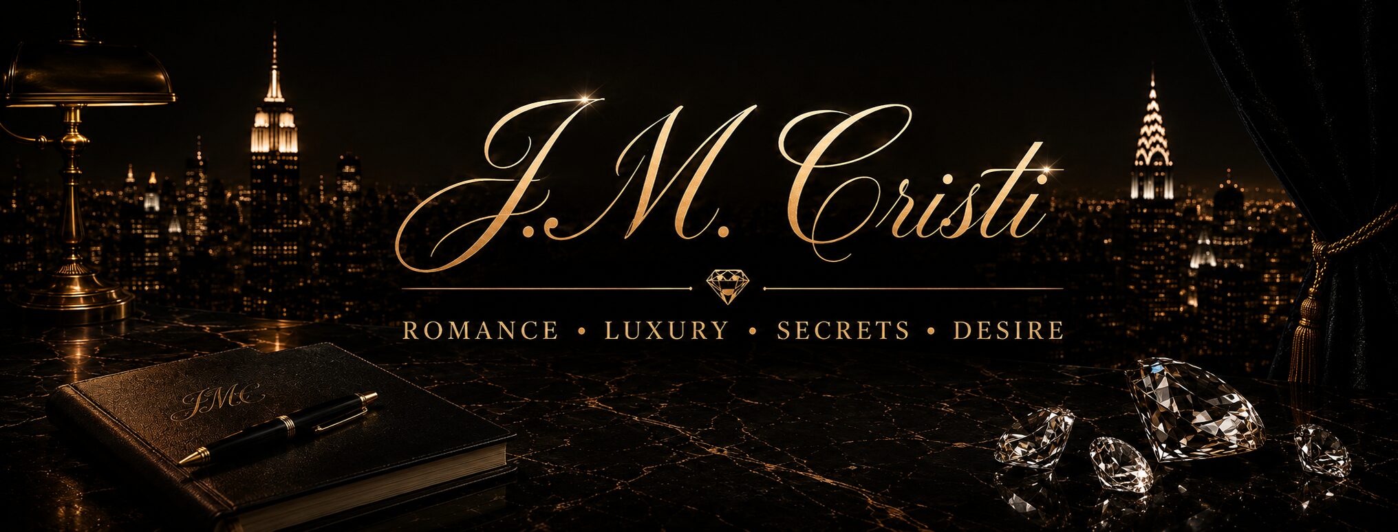 J.M. Cristi in gold script over a night skyline of New York City, above the words Romance, Luxury, Secrets, Desire. A leather journal and pen, a brass desk lamp, and loose diamonds rest on dark marble.
